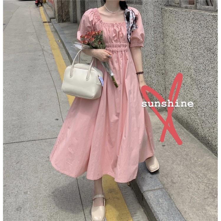 Đầm Dài Midi Cổ Vuông Bo Nhún Tay Ulzzang