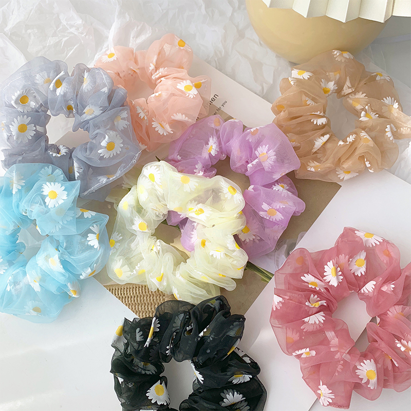 Combo 4 dây cột tóc vải Scrunchies vải lưới hoa cúc