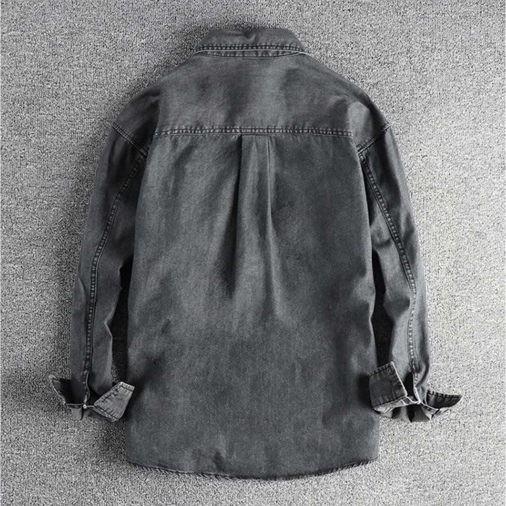 Sơ mi denim wash bụi phong cách Vinstage_dã ngoại_Biker - Xanh