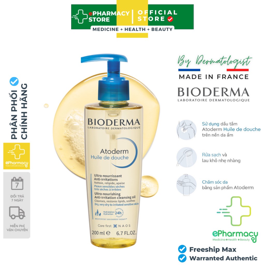 Bioderma Atoderm Huile De Douche Dầu Tắm giúp làm sạch, làm dịu và dưỡng ẩm cho da khô, da nhạy cảm 200ml