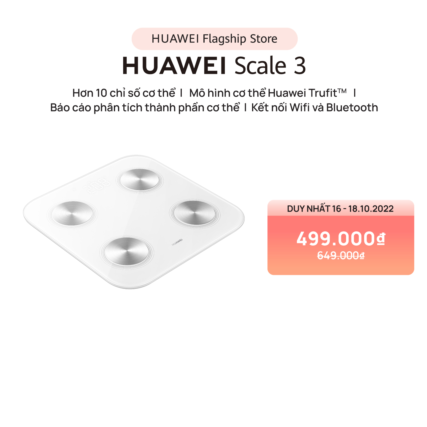 Cân điện tử HUAWEI Scale 3 Bluetooth®Edition | Báo cáo 10 chỉ số cơ thể | HUAWEI TruFitᵀᴹ | Kết nối Bluetooth | Hàng Chính Hãng