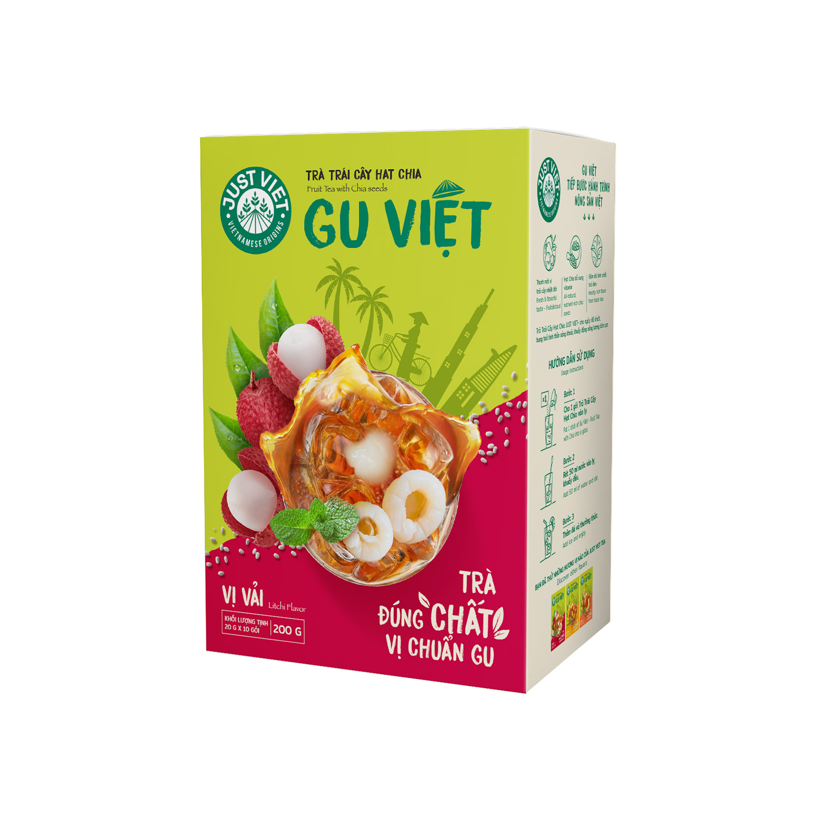 Trà Trái Cây Hạt Chia Just Viet - Vị Vải - Hộp 10 gói