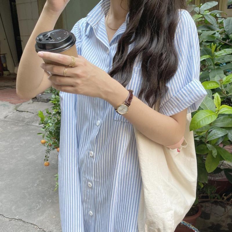 MS804 Váy đầm sơ mi kẻ sọc dáng suông cộc tay