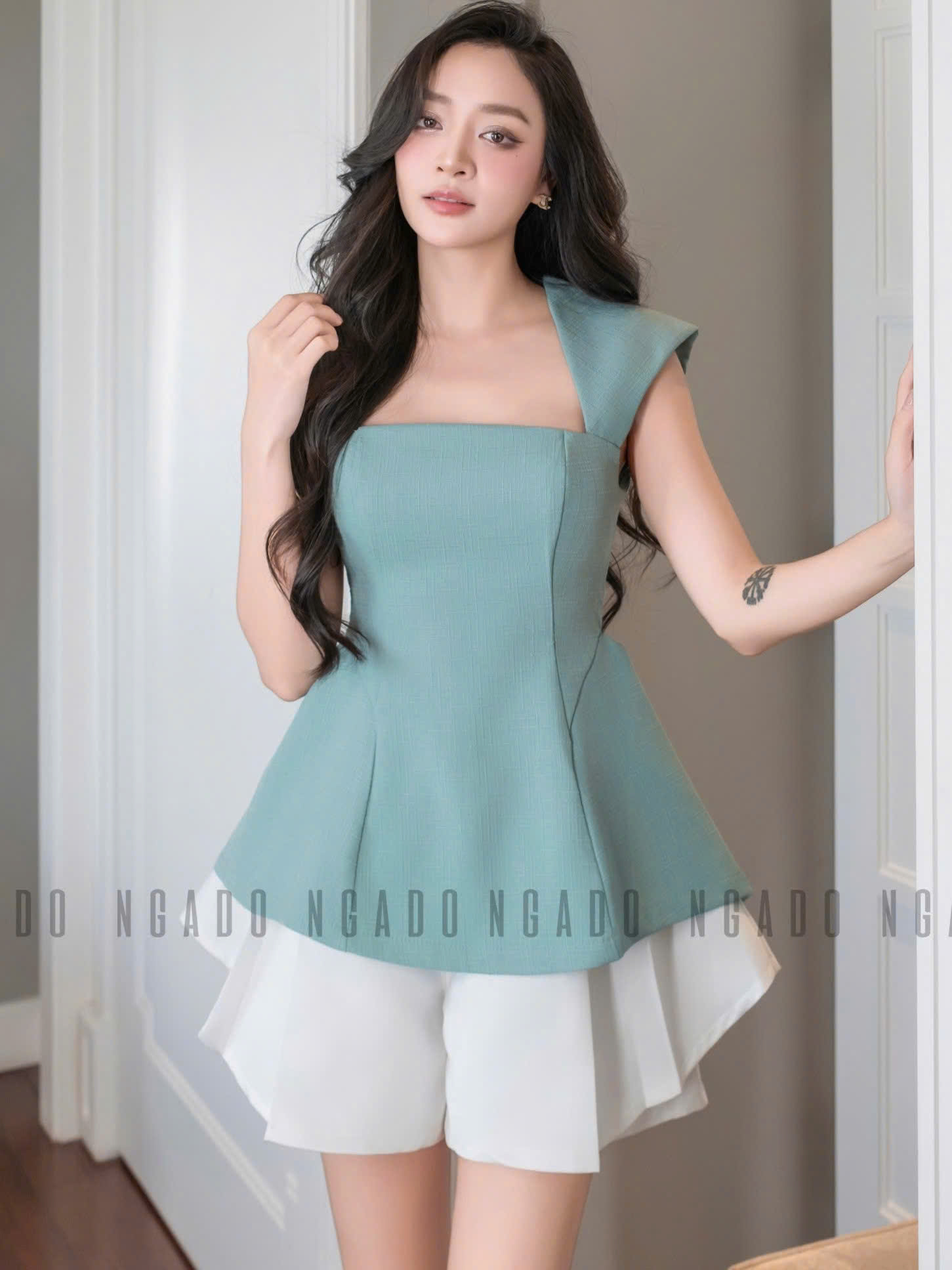 Áo xanh mint chiết eo NGADO , áo kiểu , áo chiết eo