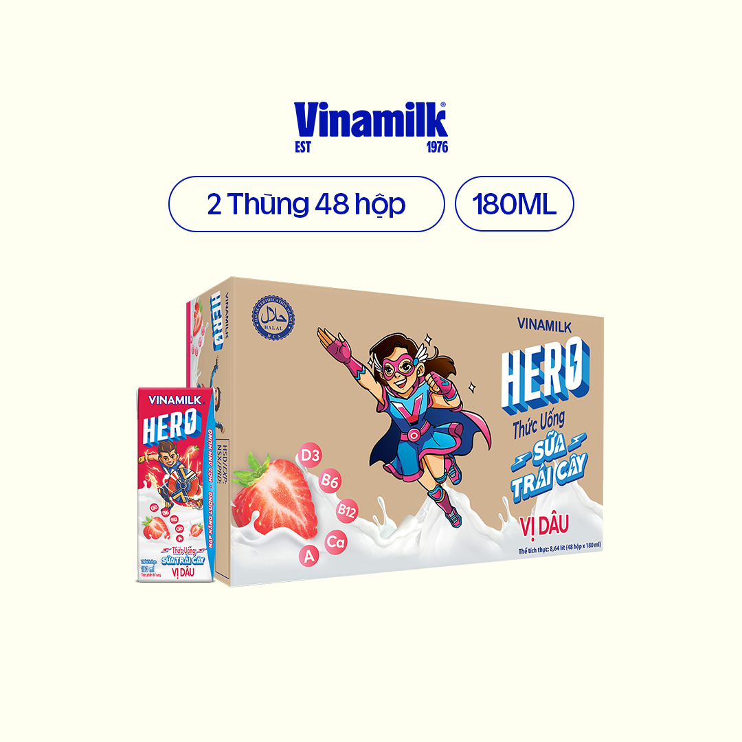 2 Thùng Thức uống sữa trái cây vị dâu Vinamilk Hero 180ml - 48 hộp/Thùng