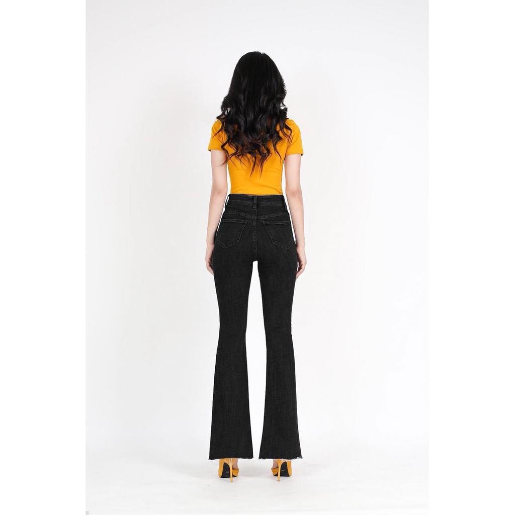 Quần Jeans Nữ ỐNg Loe Dài 2 Nút Không Gấu Co Giãn