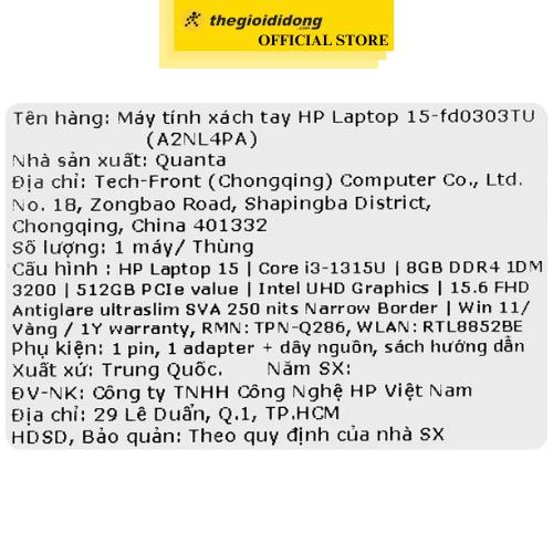 Laptop HP 15 fd0303TU i3 1315U/8GB/512GB/Win11 (A2NL4PA) - Hàng Chính Hãng