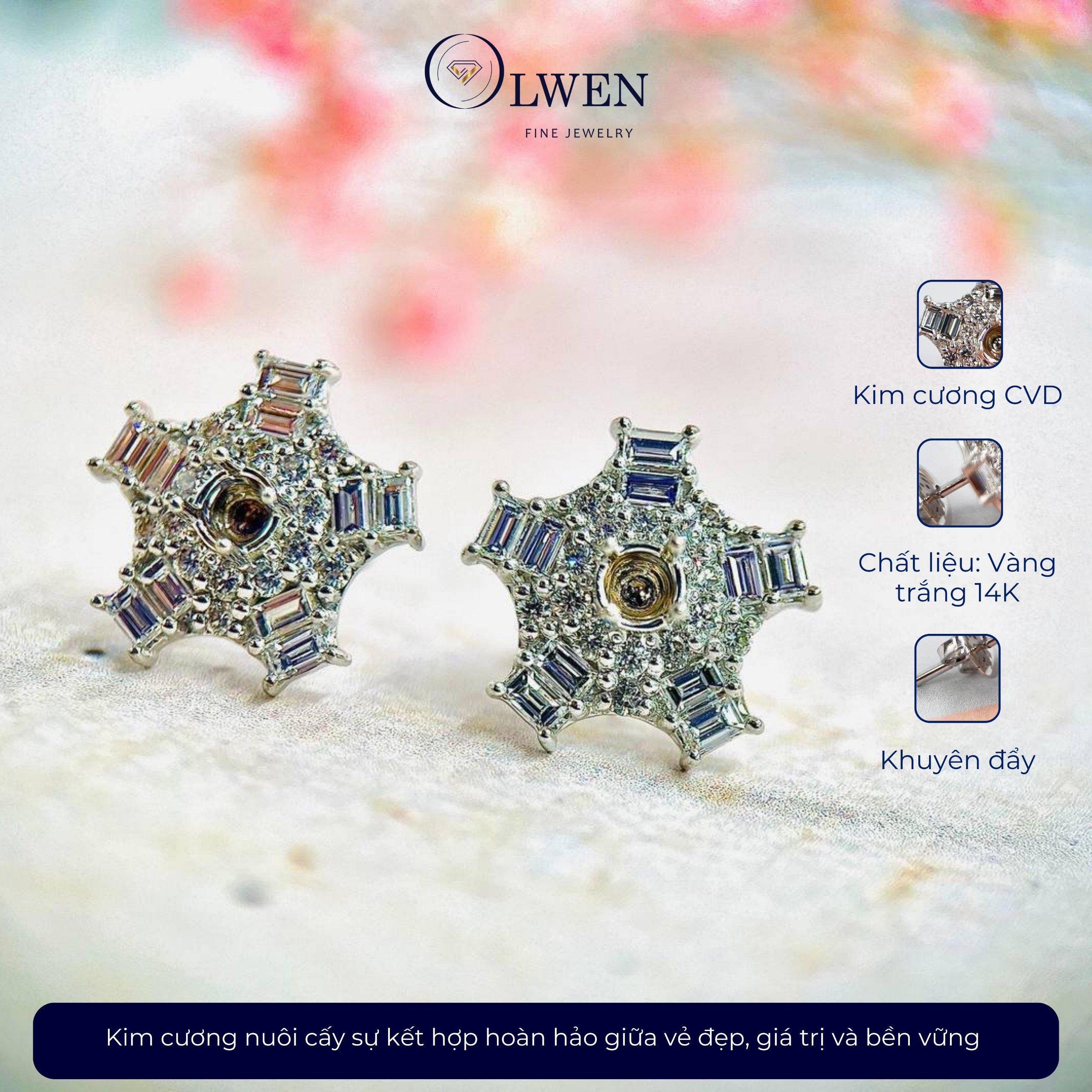 Đôi Bông Tai 14k Trắng Olwen Đính Kim Cương CVD HA204