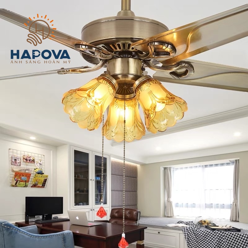 Quạt trần đèn, quạt trần có đèn led 5 cánh HAPOVA LINBA 8095 + Tăng kèm bóng led AS Vàng hàng chính hãng
