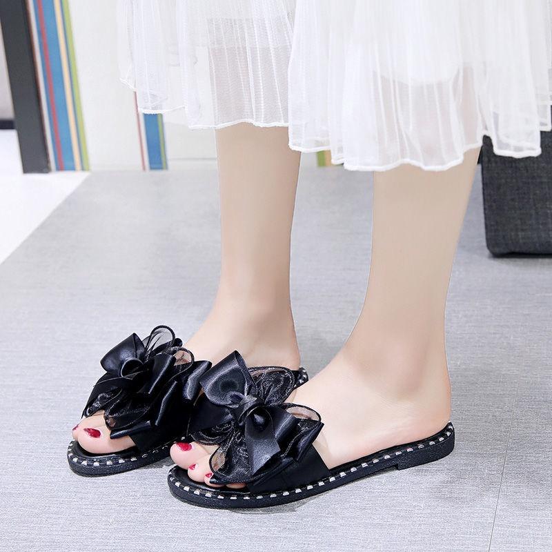 Slippers women wear 2022 summer new Korean version of students' bow tie one-word slippers flat-soled sandals