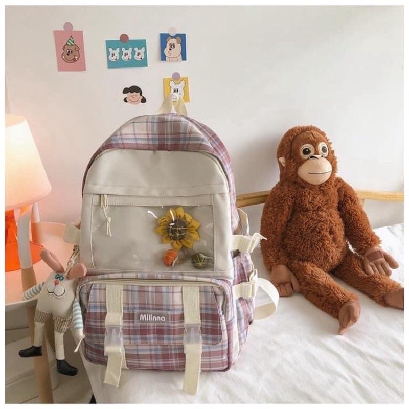 Balo Uzllang Đi Học Kẻ Caro Có Ngăn Ngoài Trong Suốt