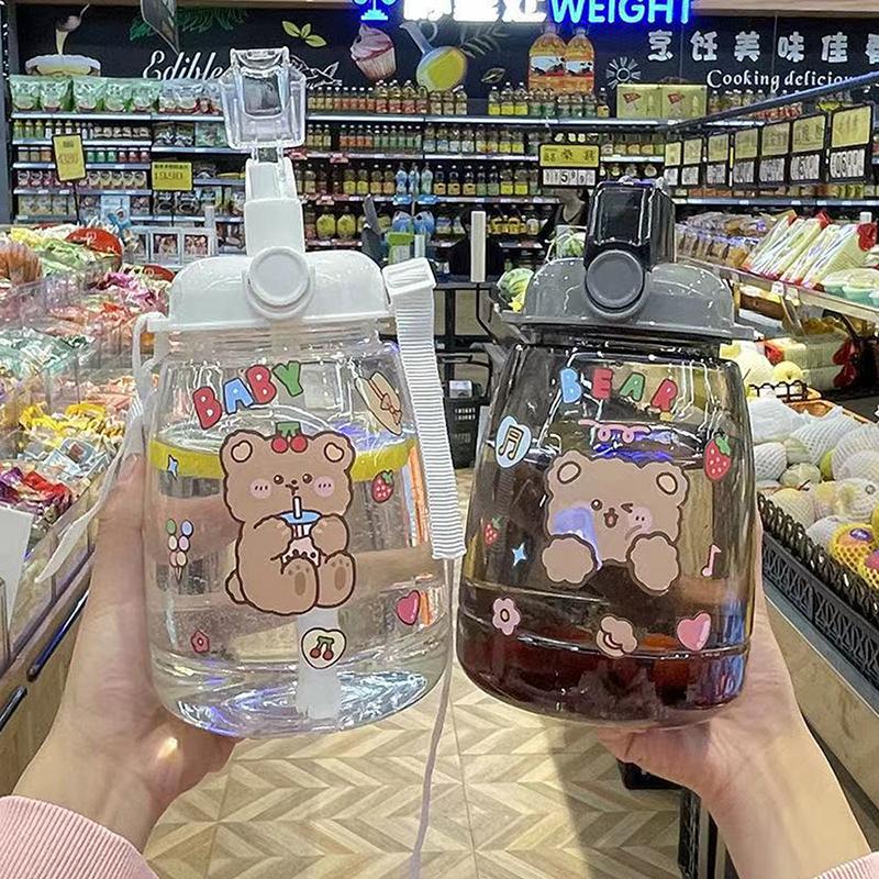 1300 ML Dung Tích Lớn Ngoài Trời Nước Thể Thao Có Ống Hút Dây Đeo Sáng Tạo Dễ Thương Miếng Dán Di Động Nhựa Trẻ Em Sippy Cốc Nước