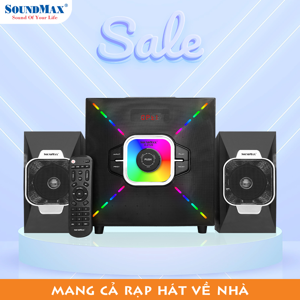 Loa vi tính 2.1 SoundMax A-2126 | Bluetooth Speaker SoundMaxA2126 |  Bluetooth 5.0, AUX, Optical, USB, Thẻ Nhớ SD 128GB | Loa Nghe Nhạc, Xem Phim, Chơi Game | Điều Khiển Từ Xa - Hàng Chính Hãng