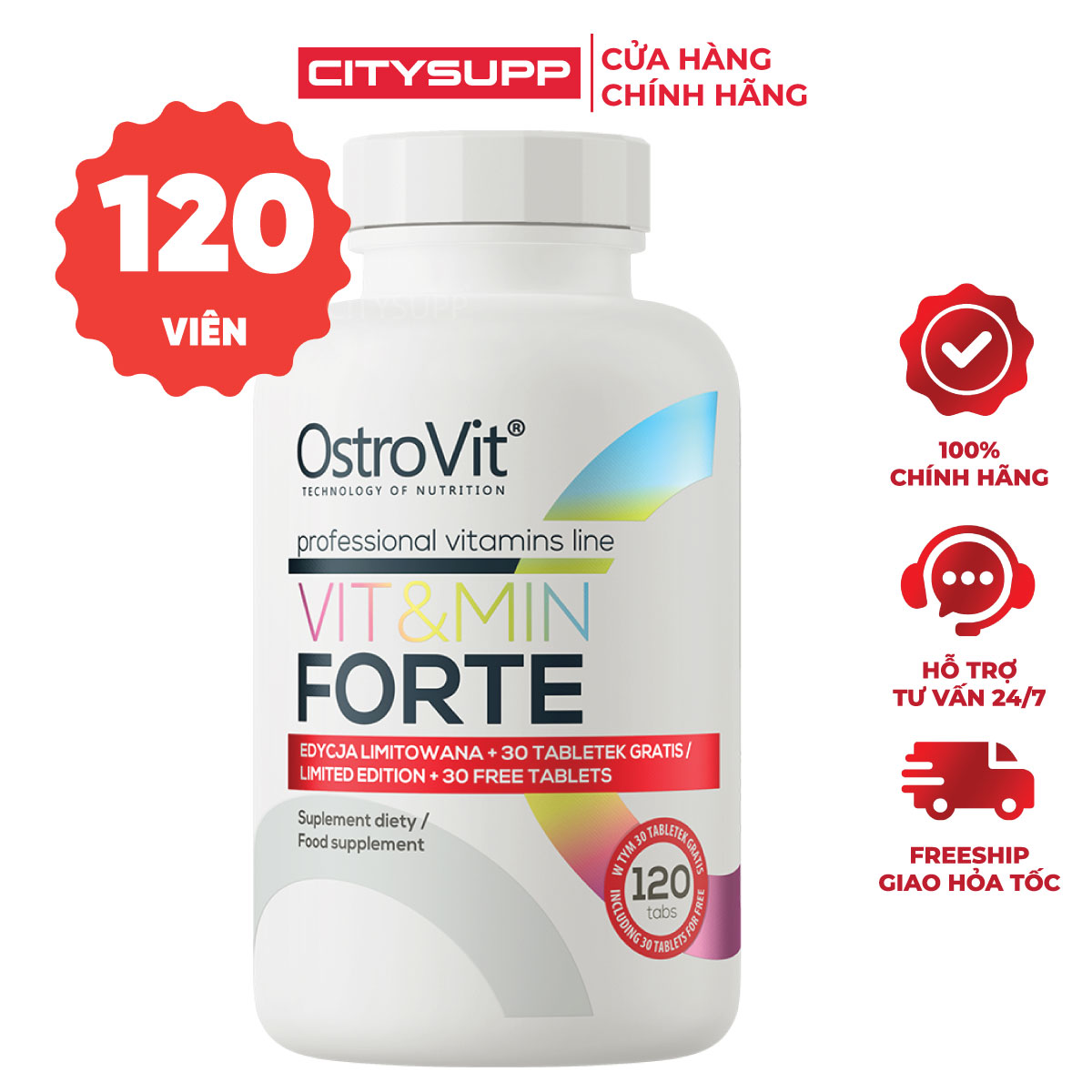 Viên Uống Bổ Sung Vitamin Tổng Hợp Ostrovit Vit&Min FORTE (120 Viên) Hỗ Trợ Sức Khỏe và Hệ Miễn Dịch | Nhập Khẩu Ba Lan