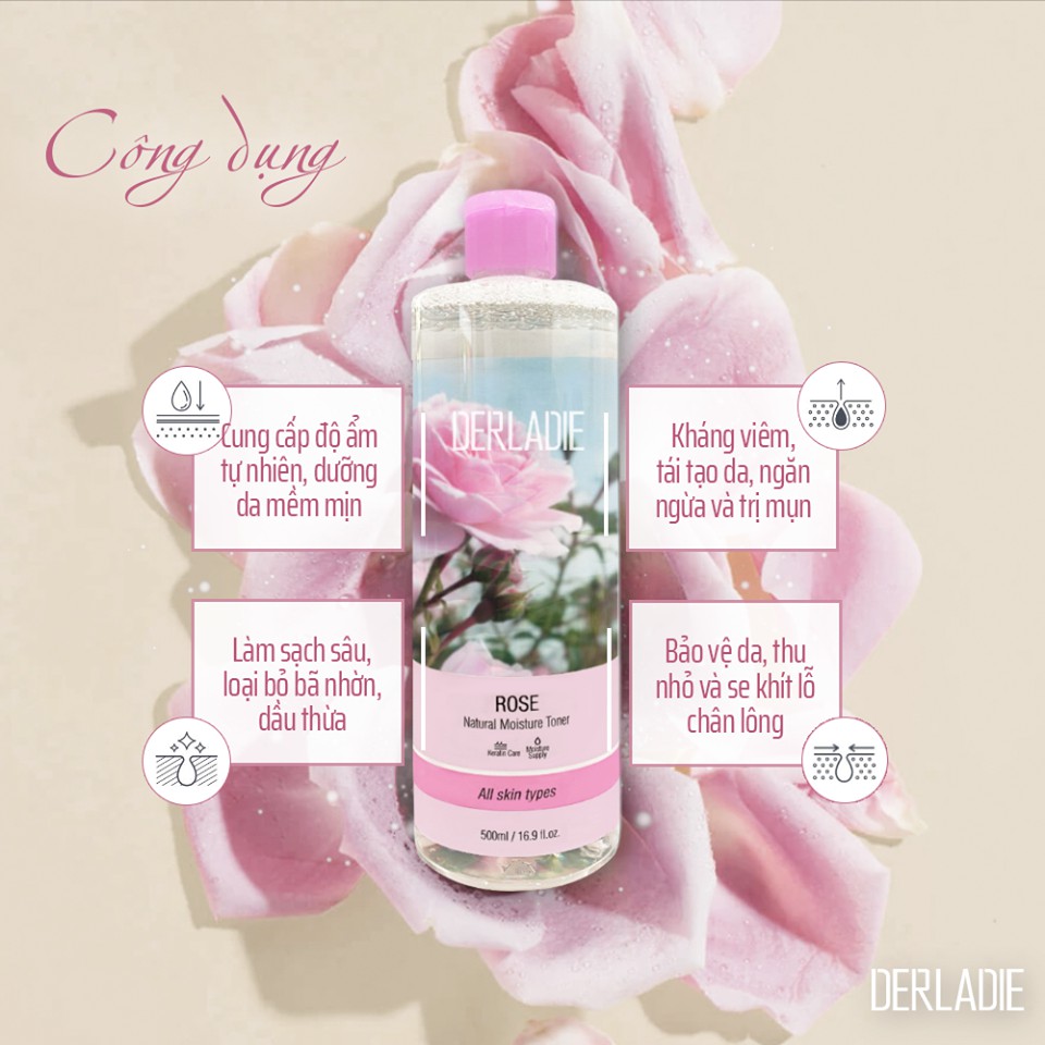 Nước Hoa Hồng Cấp Ẩm, Phục Hồi và Se Khít Da Derladie Rose Natural Moisture Toner 500ml Tặng kèm Nơ BERAV Handmade Annie Ribbon