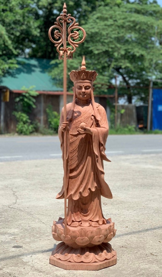 Tượng phật địa tạng vương bồ tát bằng gỗ hương đá liền khối đẹp long lanh kt cao 100m×34×33cm
