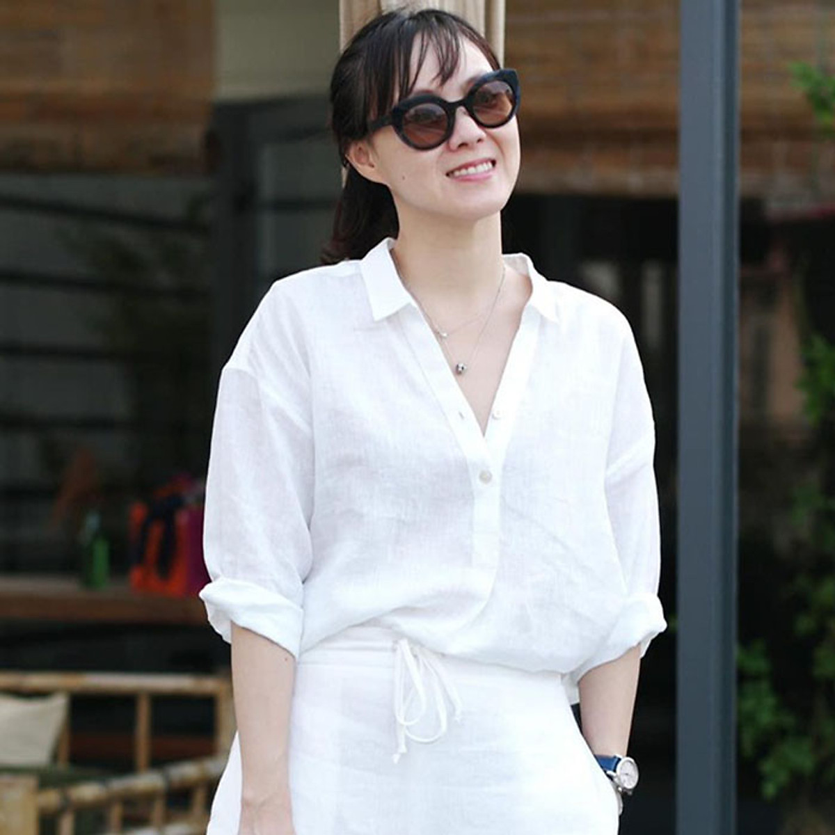 Áo sơ mi nữ form rộng trễ vai cơ bản Linen tưng Premium - Trắng tinh