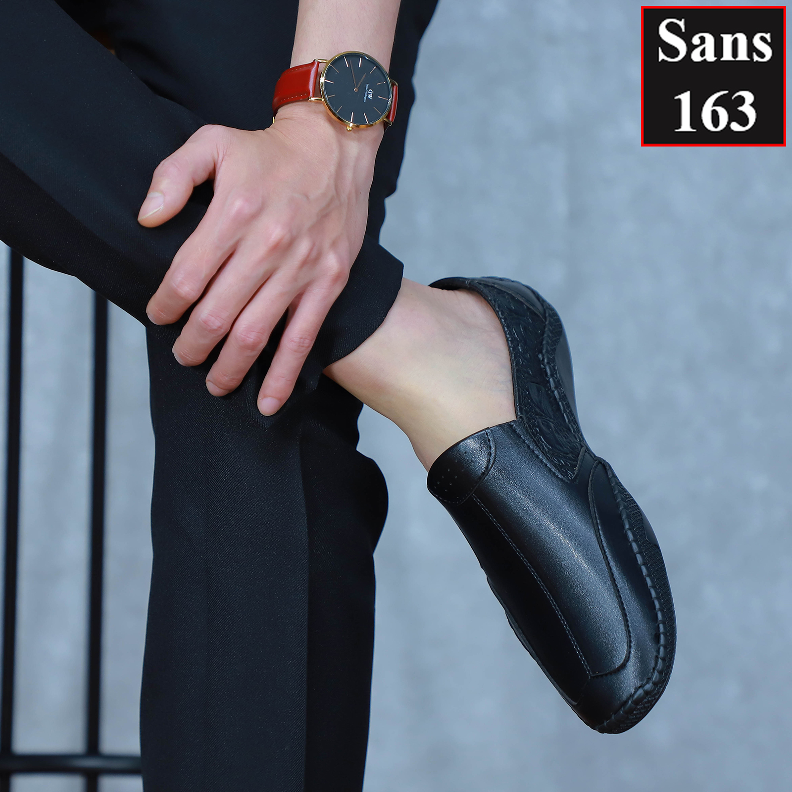 Giày mọi nam giá rẻ Sans163 giầy lười mềm trơn moca công sở đế bệt mũi vuông đen nâu đẹp thời trang hàn quốc đi làm