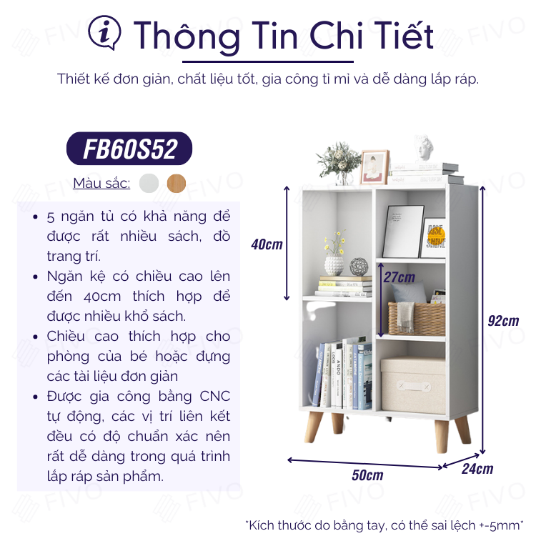 Kệ Sách Gỗ Đa Tầng FIVO Mã FB60 Màu Trắng, Nội Thất Lắp Ráp Đơn Giản, Chất Liệu MDF Phủ Melamine Chống Thấm Bề Mặt Cực Tốt, Có Kèm Tấm Lưng