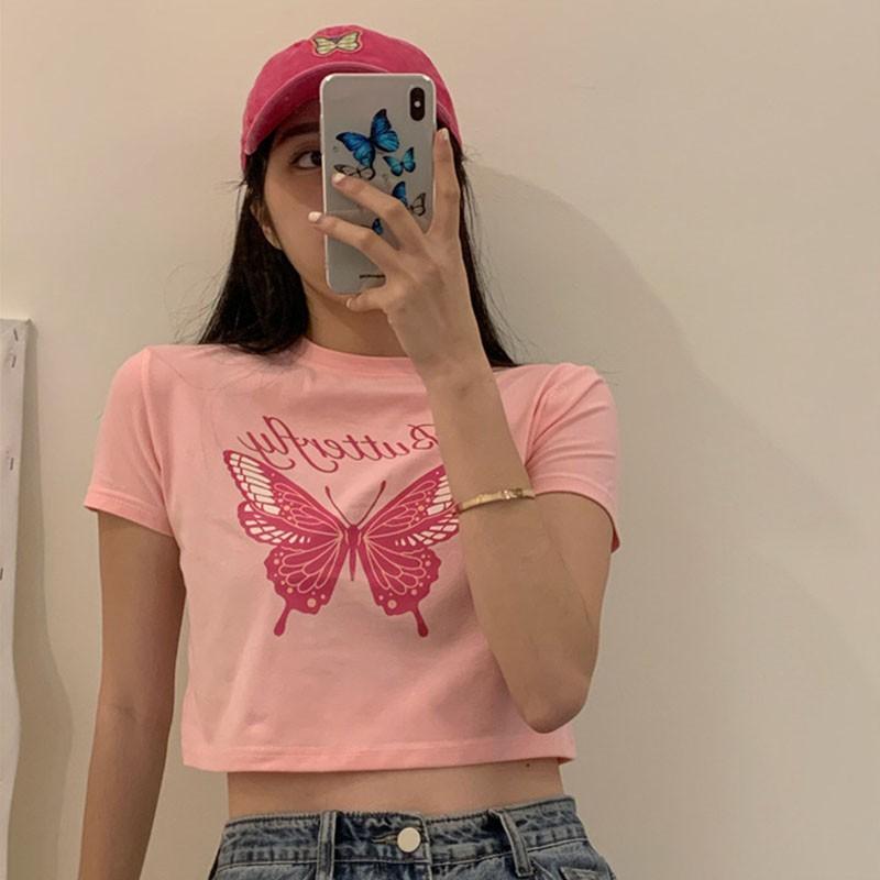 Áo thun ngắn tay cổ tròn in hình bướm xinh xắn cho nữ