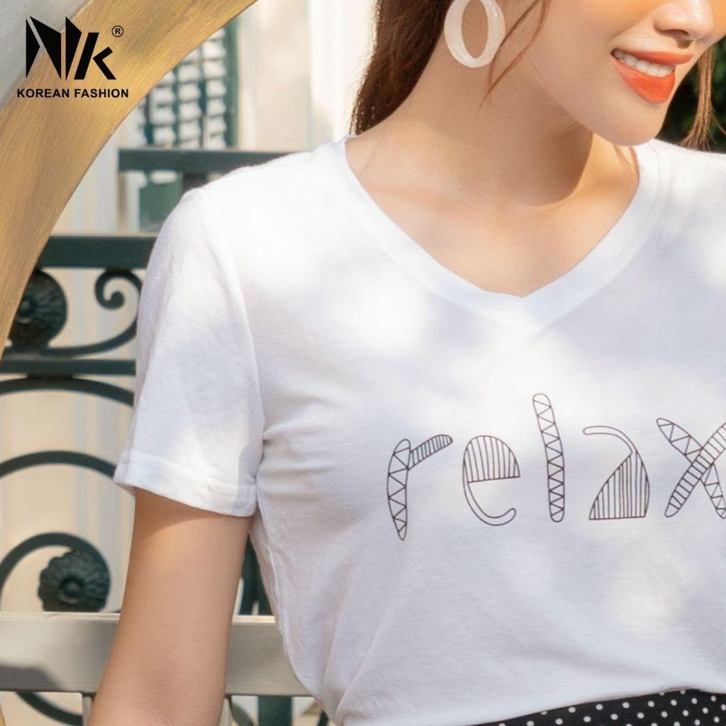 Áo Phông Nữ Cộc Tay NK FASHION Cổ Tim In Chữ Relax, Chất Liệu Cotton Mềm Mịn, Thấm Hút Mồ Hôi NKAT2103001