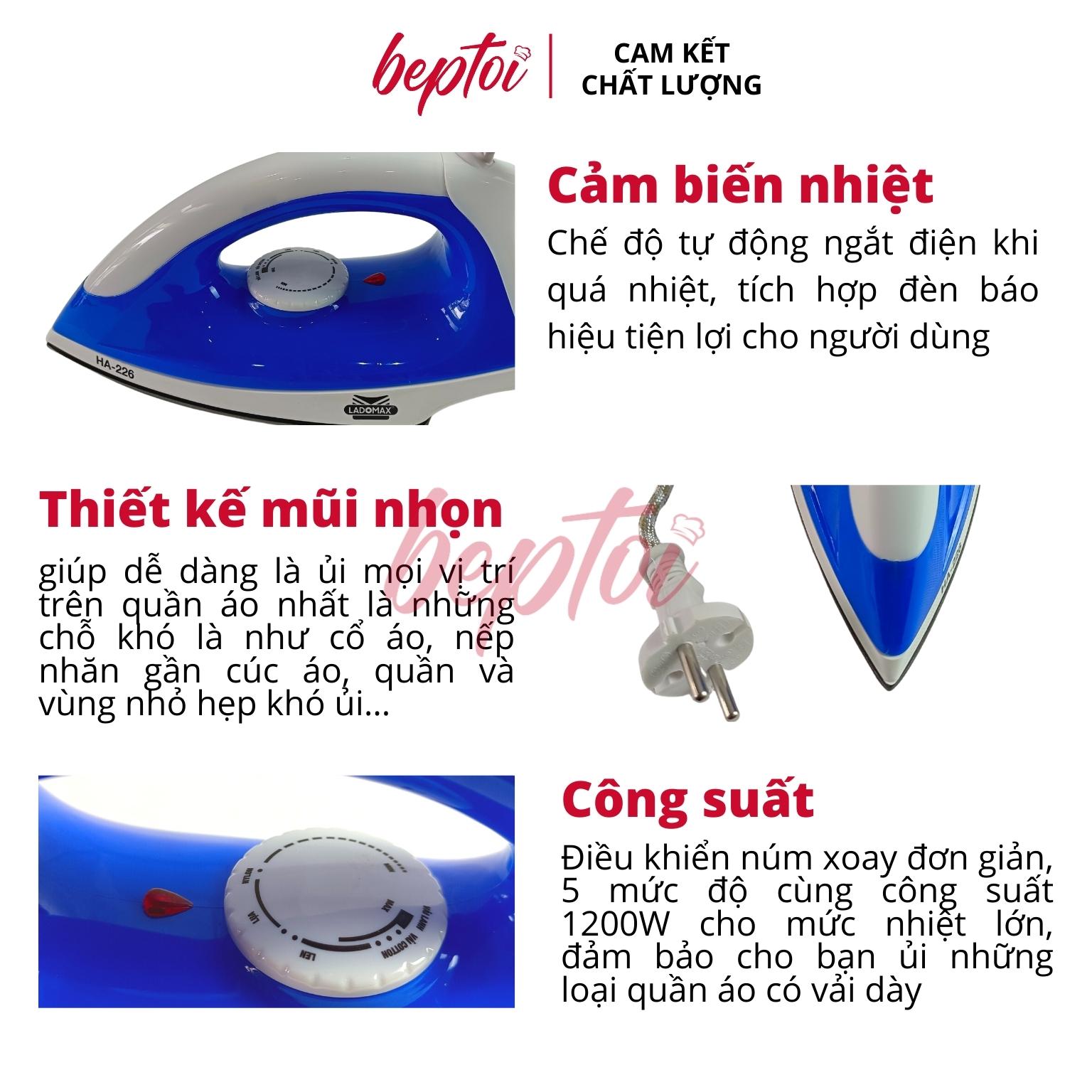 Bàn ủi điện Ladomax công suất 1200W, bàn là khô đế nhôm chống dính HA-226 - Hàng Chính Hãng