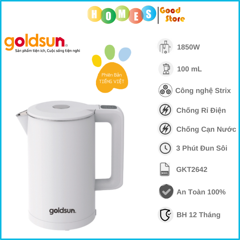 Ấm Siêu Tốc Thông Minh Căn Chỉnh Nhiệt Độ GOLDSUN GKT2642, 4 Chế Độ Điều Chỉnh, Dung Tích 1.7L, Công Suất Cao 1850W - Hàng Chính Hãng