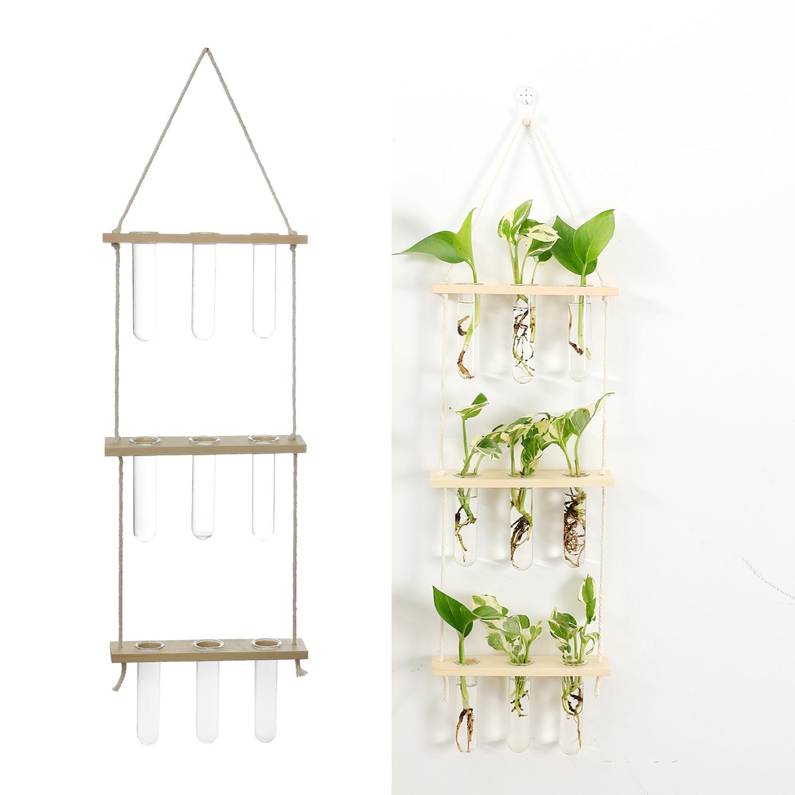 Wall Hanging Planter Flower Bud Vase Glass Terrarium Wooden Stand Test Tube Vase for Propagating Hydroponic Plants Home Garden Wedding Decoration
