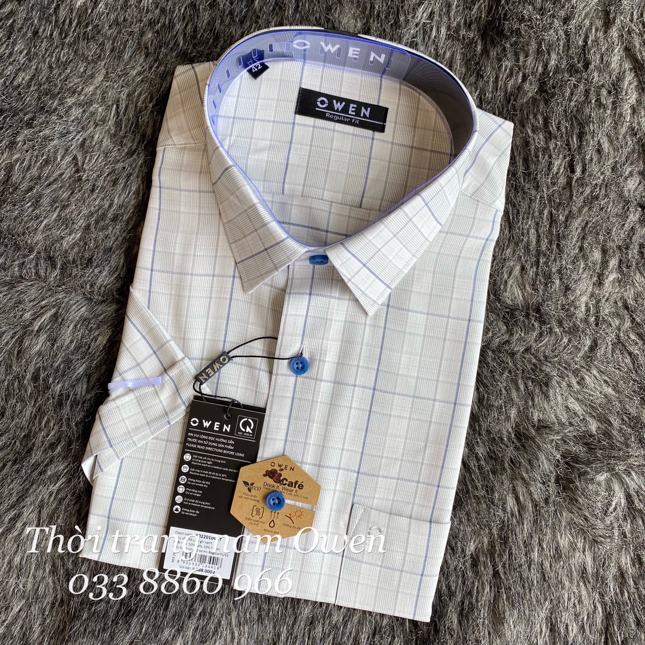 OWEN - Áo Sơ mi ngắn tay Owen REGULAR FIT chất cafe không nhăn kẻ ô xám trắng 220104