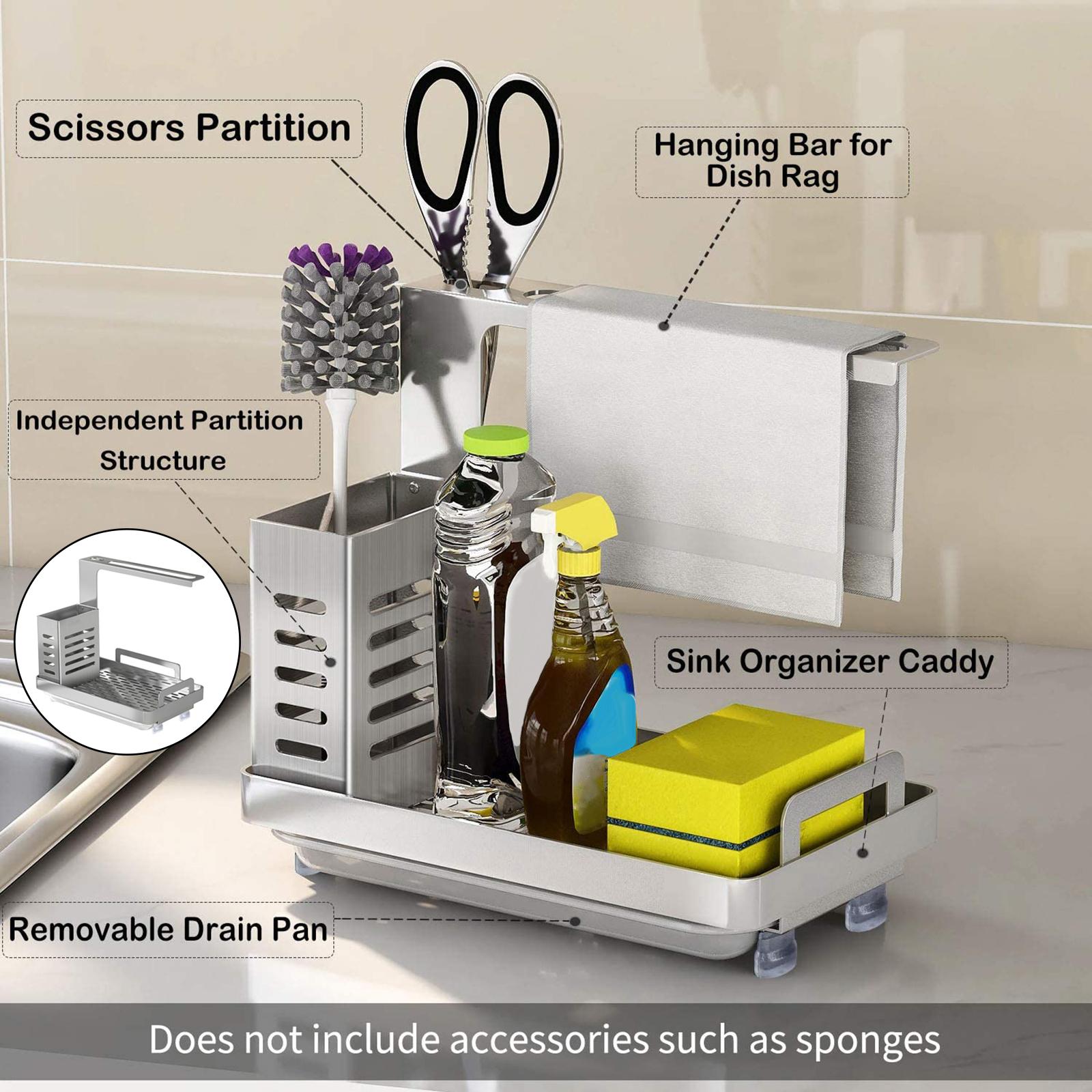Kitchen Sink Caddy Organizer, Sponge Holder for Sink Soap Brush Dispenser Holder with Rag Rack with Drain Tray Countertop Wall Mount Stainless Steel