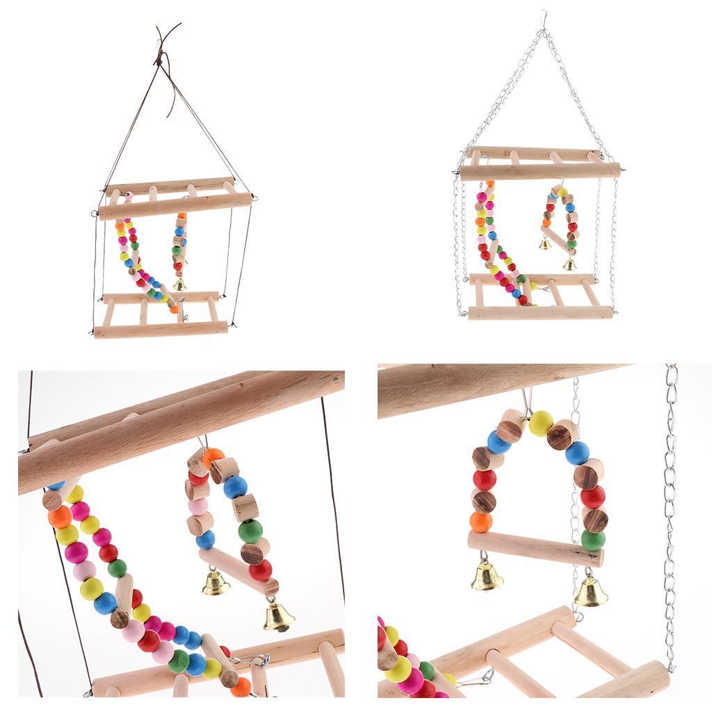 Bird Wooden Ladder Parrot Swing Cage Activity Toys with Bell