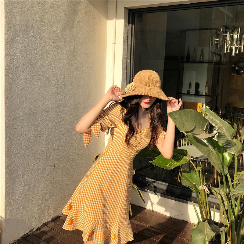 CHENGRUI Trang phục mùa hè 2021 Pháp Vintage ngọt ngào mối tình đầu siêu cổ tích Plattern váy sen phong cách phương Tây thắt lưng váy