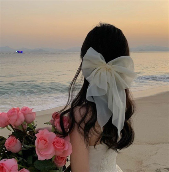 Nơ voan kim tuyến , trơn trắng đen khổ lớn màu - trắng kem trơn