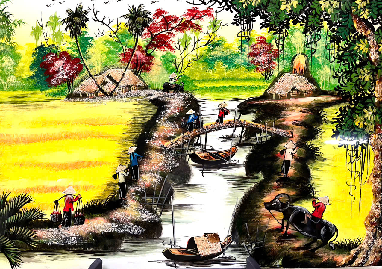 Tranh sơn mài đồng quê vẽ màu Thanh Bình Lê 40x60 cm