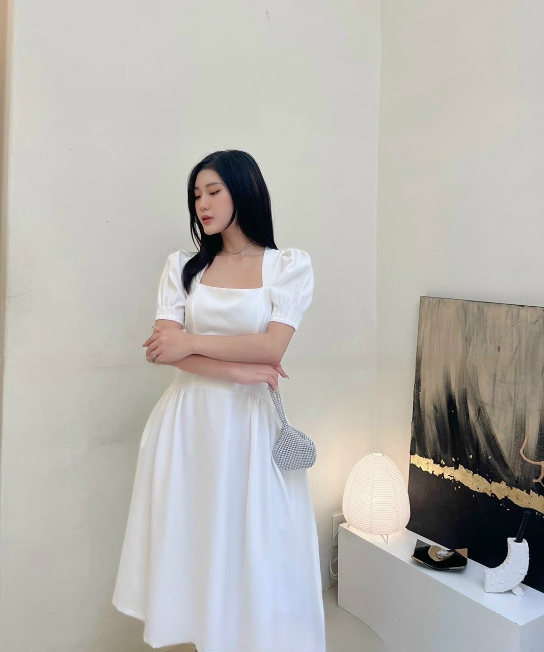 Đầm cổ vuông nhún eo tay phồng ngiều màu sang chảnh