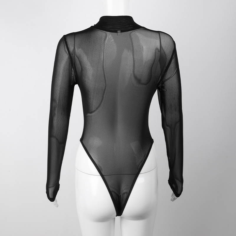 Áo Bodysuit lưới dài tay đen khóa kéo Nữ quyến rũ chất vải co giãn và ôm form cực đẹp