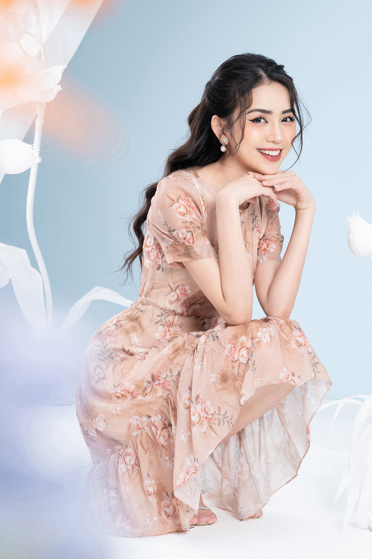Đầm Maxi Tơ Hoa Luperi LFV3289 xếp tầng dài qua gối may 2 lớp lót tinh tế
