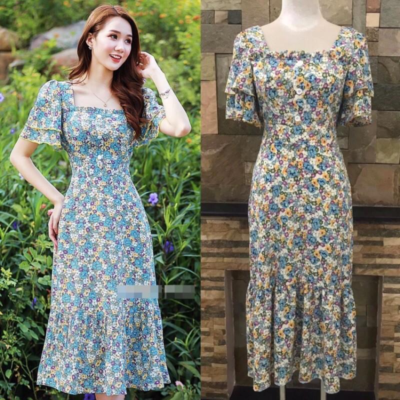 Đầm hoa ôm nhẹ bèo lai tay tầng S.MLXL