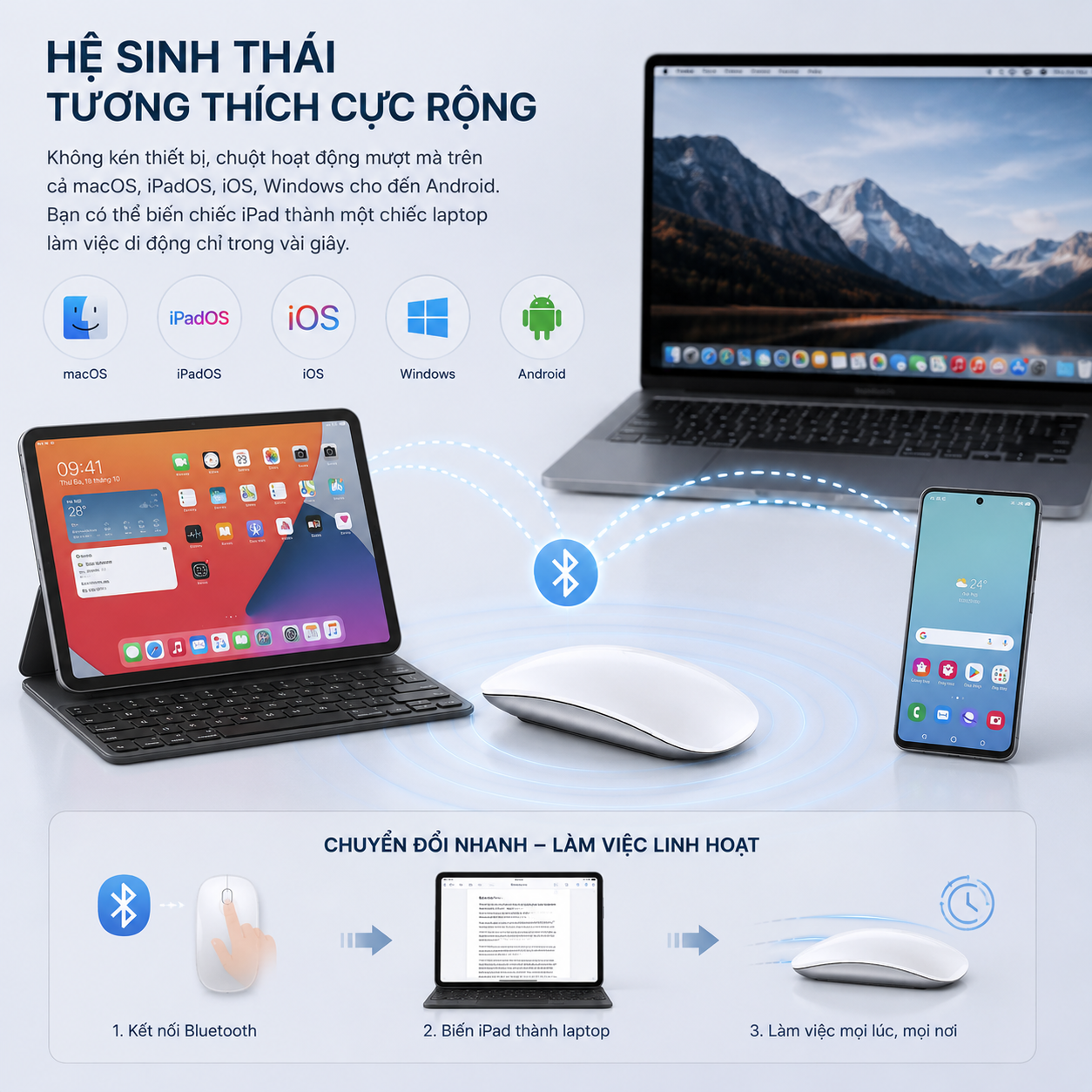 Chuột Không Dây WiWU WIMICE WM103 AirTouch Magic Mouse – Silent Click Êm Ái Tương Thích MacBook iPad Windows Android - Bluetooth 5.1 | Sạc Type-C | Silent Click | 3 Mức DPI - Hàng nhập khẩu