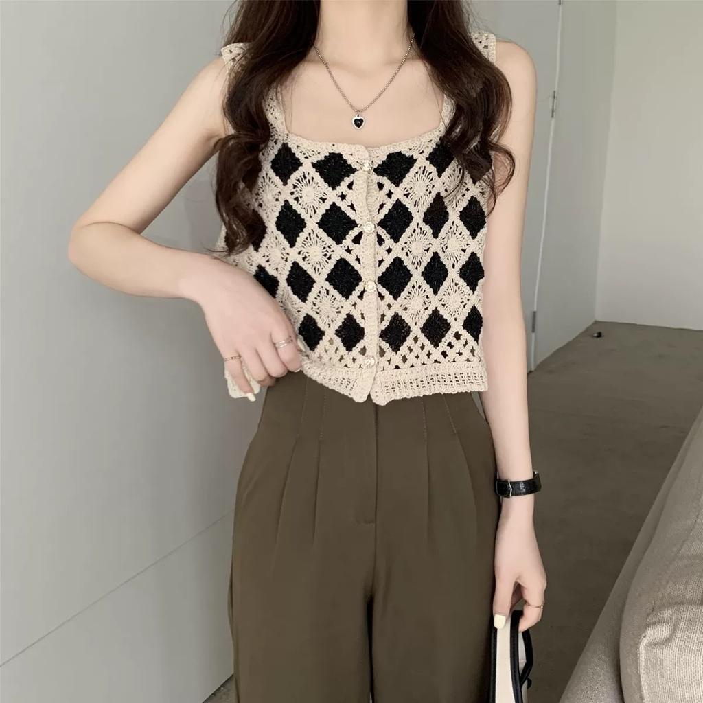 MS593 Áo hai dây kiểu nữ croptop đan móc hình trám