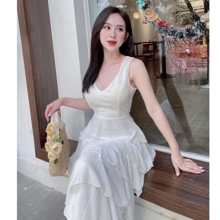 Đầm váy maxi voan tầng trắng nude kem hồng cổ V Ivy.fashion đi biển dự tiệc dạo phố bigsize gợi cảm sexy
