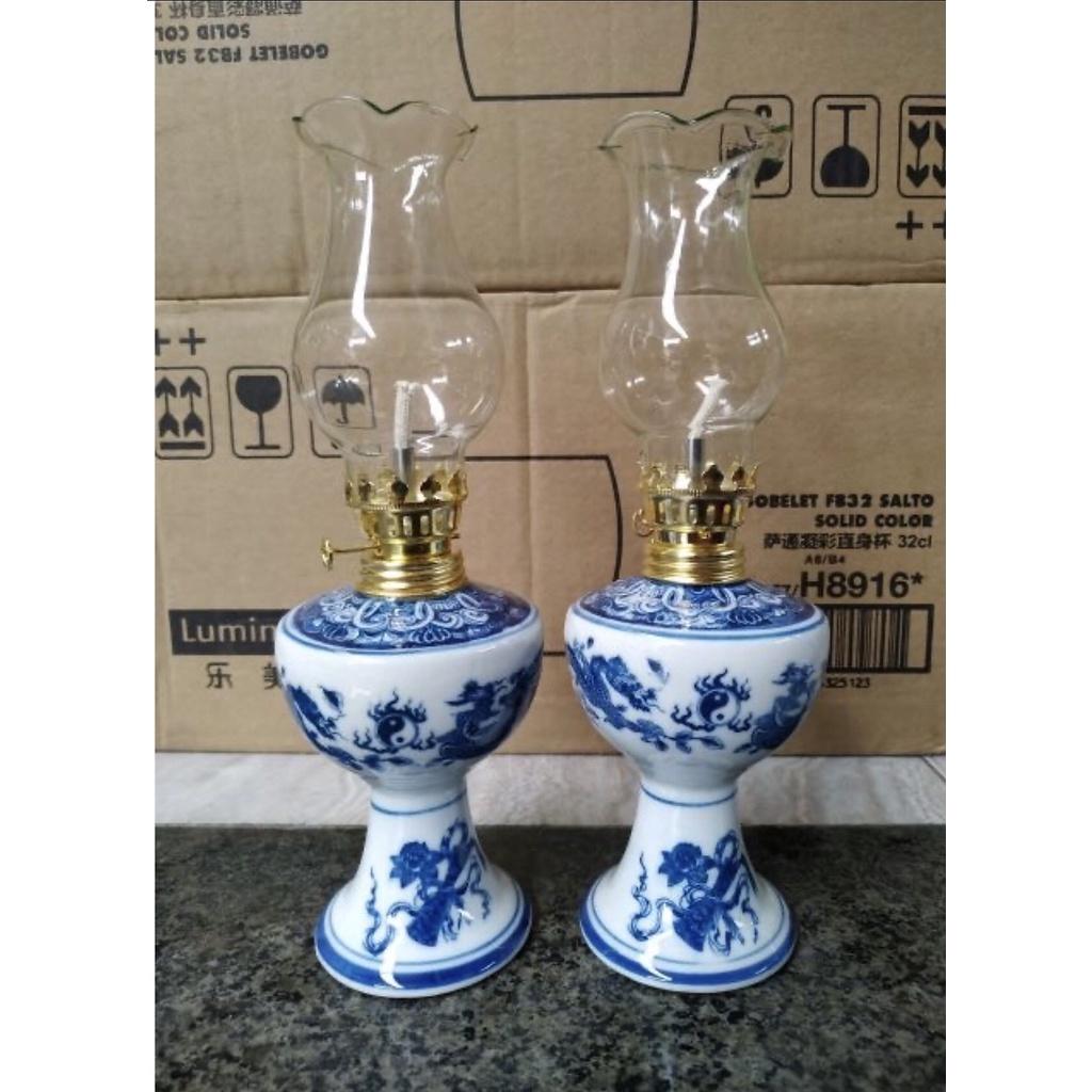 ĐÈN THỜ DẦU BẰNG SỨ RỒNG XANH LAM HANH15141