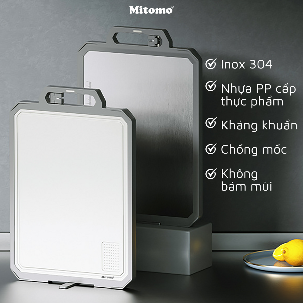 Thớt hai mặt kháng khuẩn inox 304 cao cấp, nhựa lúa mạch Mitomo MT-304PP Hàng chính hãng