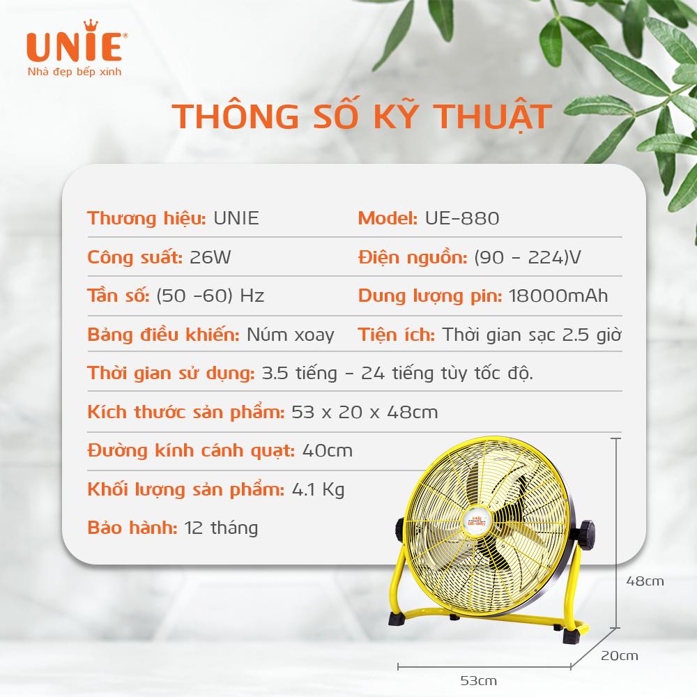 Quạt sàn tích điện Unie UE-880 công suất 26W dung lượng Pin 18000mA sử dụng 10-48h. HÀNG CHÍNH HÃNG