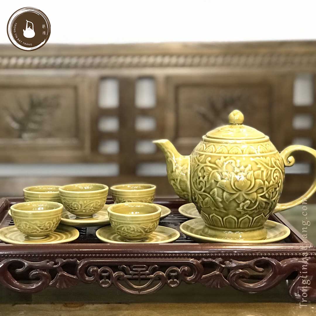 Bộ Ấm Chén Giả Cổ Thời Lý Bát Tràng Họa Tiết Hoa Sen Dáng Long Đán Dung Tích 650ml AHL 06