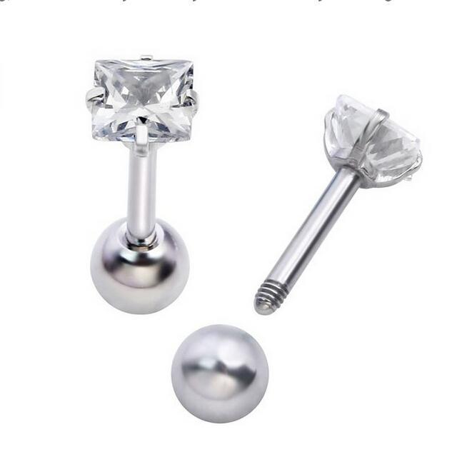 Punk 16G Steel Stud Ear Piercing Tragus Heilx Barbell Bar Lip Square Zircon