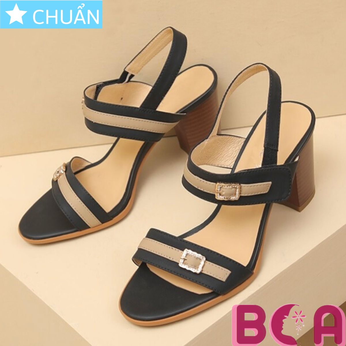 Giày sandal nữ gót trụ 7p RO528 ROSATA tại BCASHOP kiểu dáng thời trang, phối màu lạ mắt và độc đáo giữa đen và da