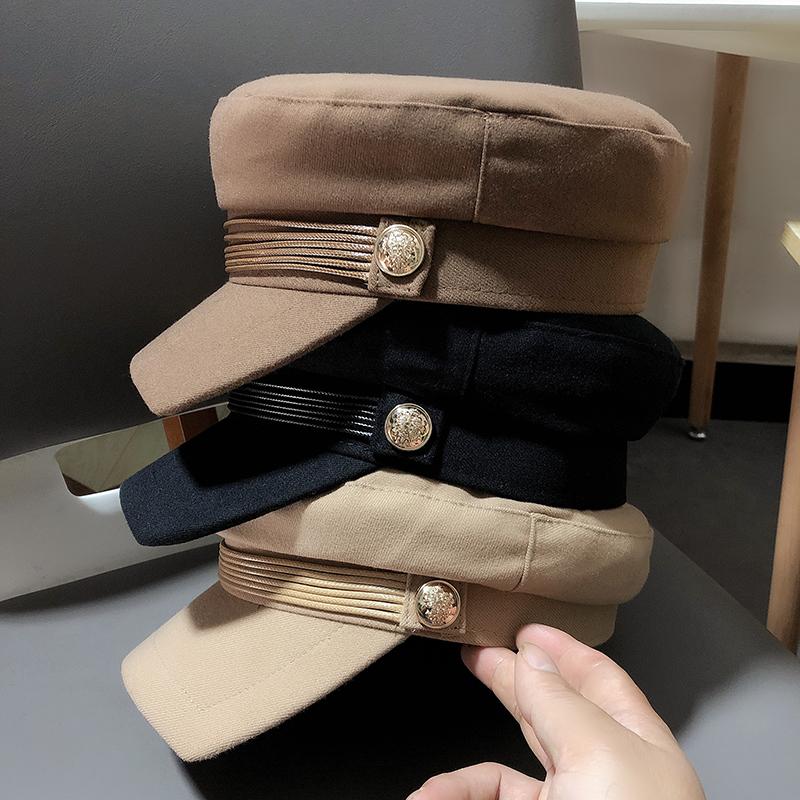 Năm 2020 Quân Đội Nón Nữ Đầu Dẹt Cotton Họa Sĩ Bộ Đội Mũ Len Nữ Xuân Hè Nón Với Dây Chuyền Bạc Hàn Quốc thiết Kế Thời Trang