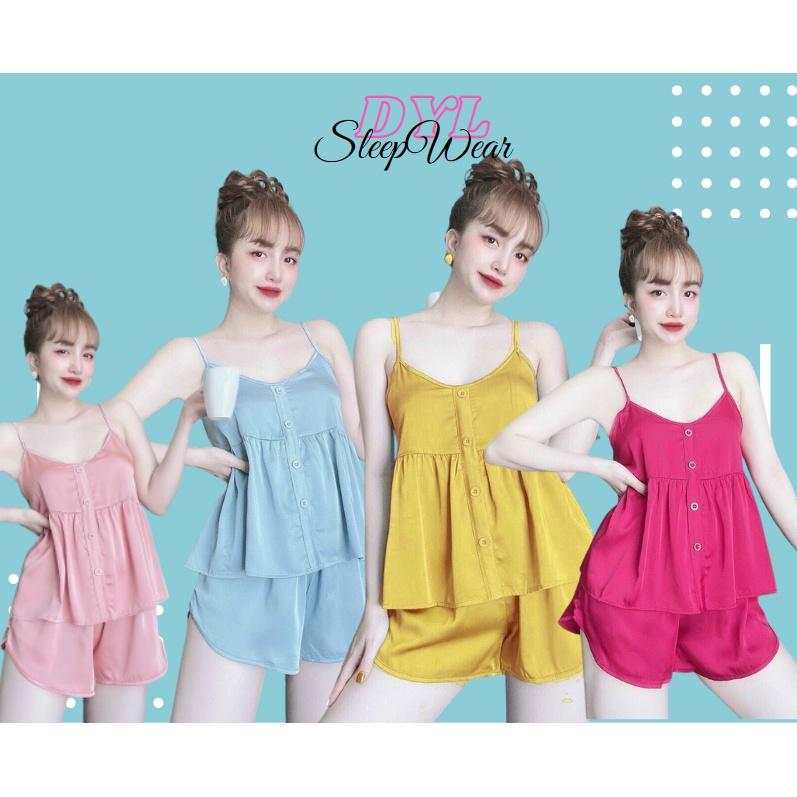Đồ Bộ Hai Dây Nhún eo Có Nút, Đồ Mặc NHà Hai Dây Sexy Form Rộng Thoải Mái, Đồ Ngủ Nhún Ngực