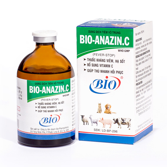 Dung dịch tiêm vô trùng BIO-ANAZIN.C cung cấp vitamin C Hạ sốt, giảm đau, kháng viêm, chống stress trên heo, trâu, bò, dê, cừu, bê, nghé, chó, mèo.